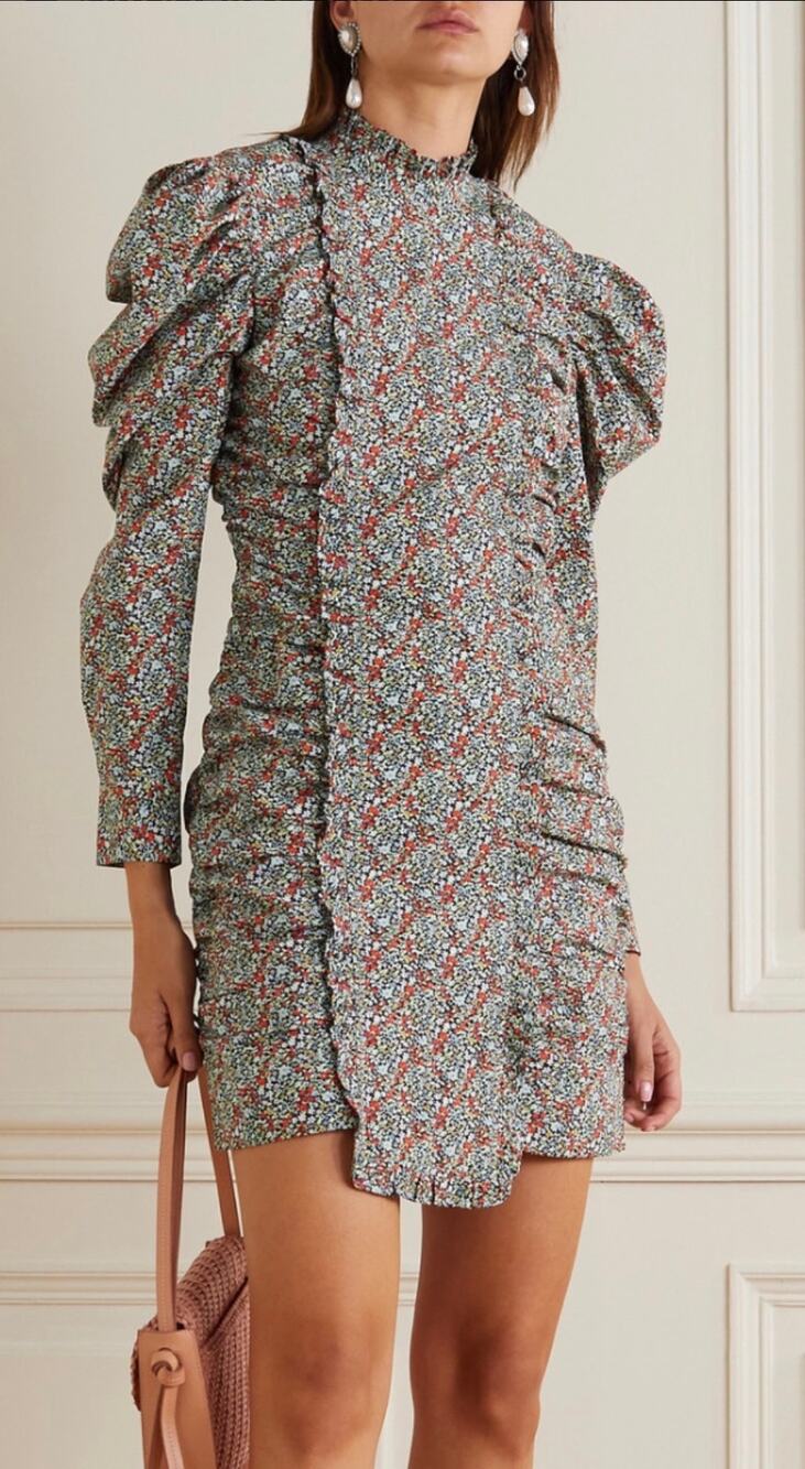 Ganni Mini Dress Floral Printed Cotton Poplin Gathered High Collar Fitted size 4